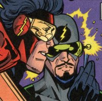 [Two Flashes, headshots: male caucasian(?) w/ black hair + red costume w/ yellow visor (symbol on earpiece), male caucasian(?) w/ black beard + gray costume w/ green visor (symbol on forehead)]
