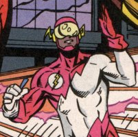 [Flash: male African with red+white diagonally-jagged costume & yellow visor, symbol on shoulder]