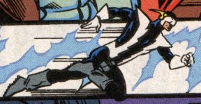 [Flash: male, blue_white jagged costume w/ shoulder pads, visor]