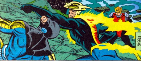 [28th-Century Flash Jace Allen (male caucasian w/ red+black shirt w/ blue pants and streamlined Mercury helmet) hits a Cobalt Blue with an unidentified Flash (male caucasian, red hair, red costume w/ black pants, silver soulderpads, yellow lightning on chest, pointy mask) in background]