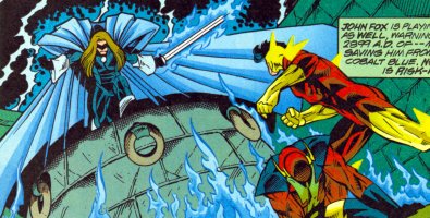 [853rd-Century Flash John Fox (male caucasian, black hair, red costume w/ diagonal jagged motif and yellow gloves & boots) faces a Cobalt Blue over an unidentified injured Flash (male, red costume w/ hood & earpieces, black shoulder pads, yellow lightning down chest]