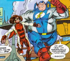 [Impulse and Thondor Allen, large 5th-generation Jupiter colonist with blue+white costume, red gloves, symbol on chest]