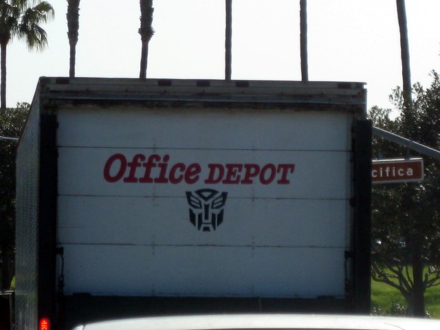 Office Depot truck with an Autobot symbol on it.