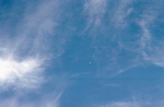 Tiny speck of white and black in the middle of the sky.
