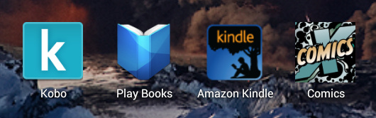 App icons for Kobo, Kindle, Play Books and ComiXology