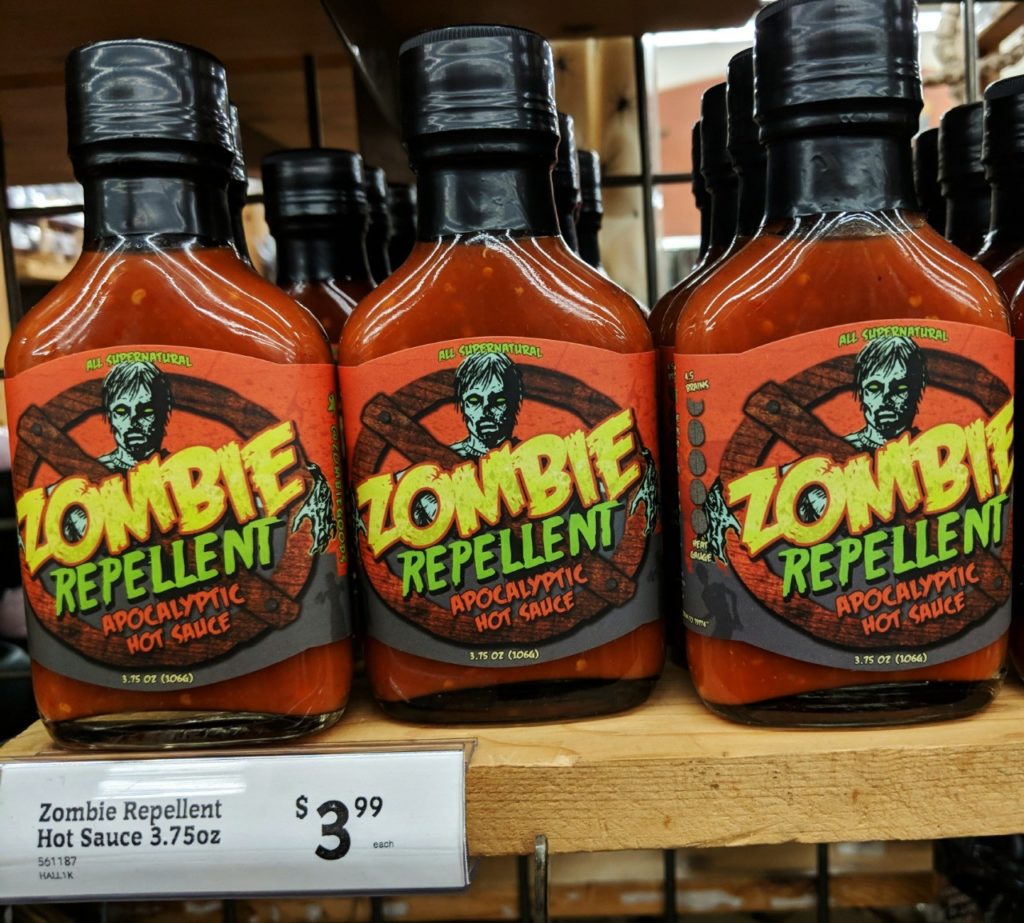 Bottles of Zombie Repellent Hot Sauce found on a store shelf