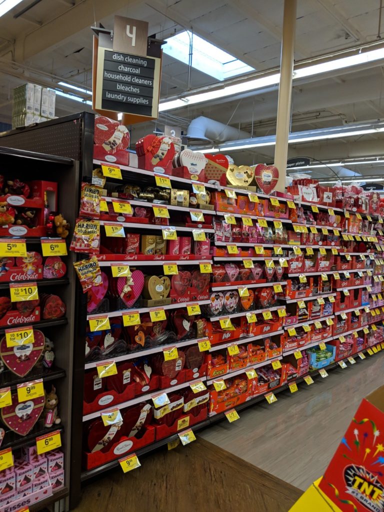 Shelf full of Valentine's Day Candy, two days before Christmas