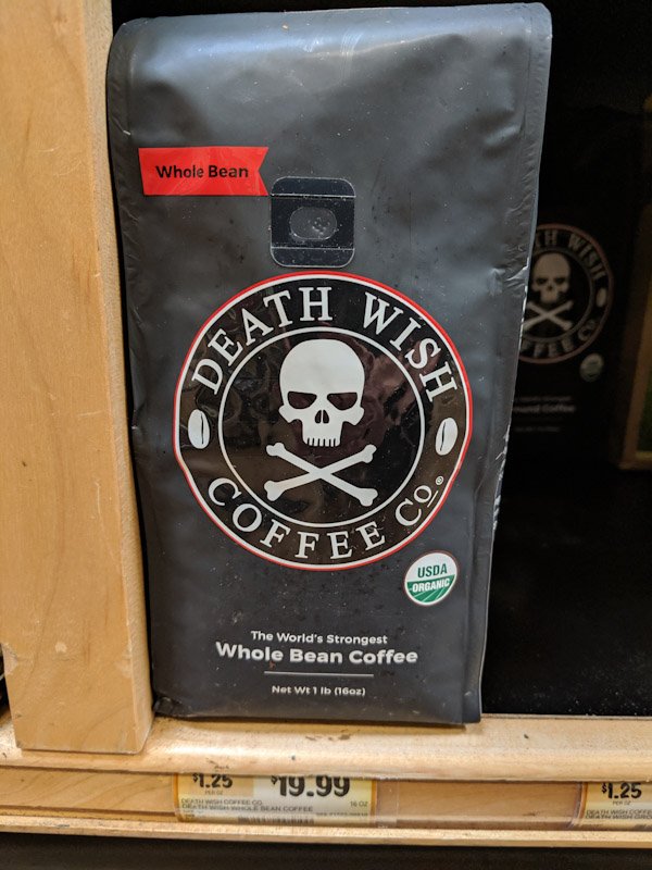 A bag of Death Wish Coffee on a store shelf.