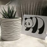 Panda and an elegant potted plant on a table.