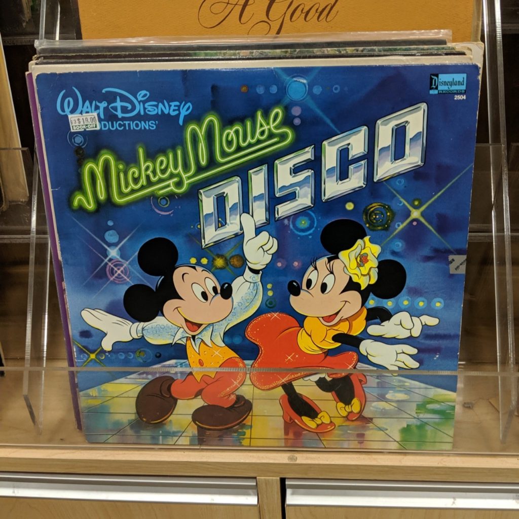 LP record album on a shelf: Mickey Mouse Disco.