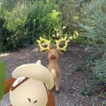 A Stantler in the woods, being photobombed by a Smeargle.
