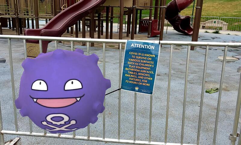 A spherical Pokemon with lots of protrusions next to a sign about Covid-19's ability to stay on surfaces.