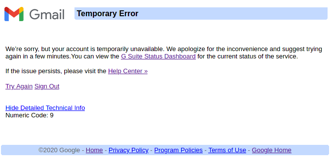 Screenshot of the Gmail Temporary Error page including Numeric Code 9 and suggestions to try again, sign out, etc.