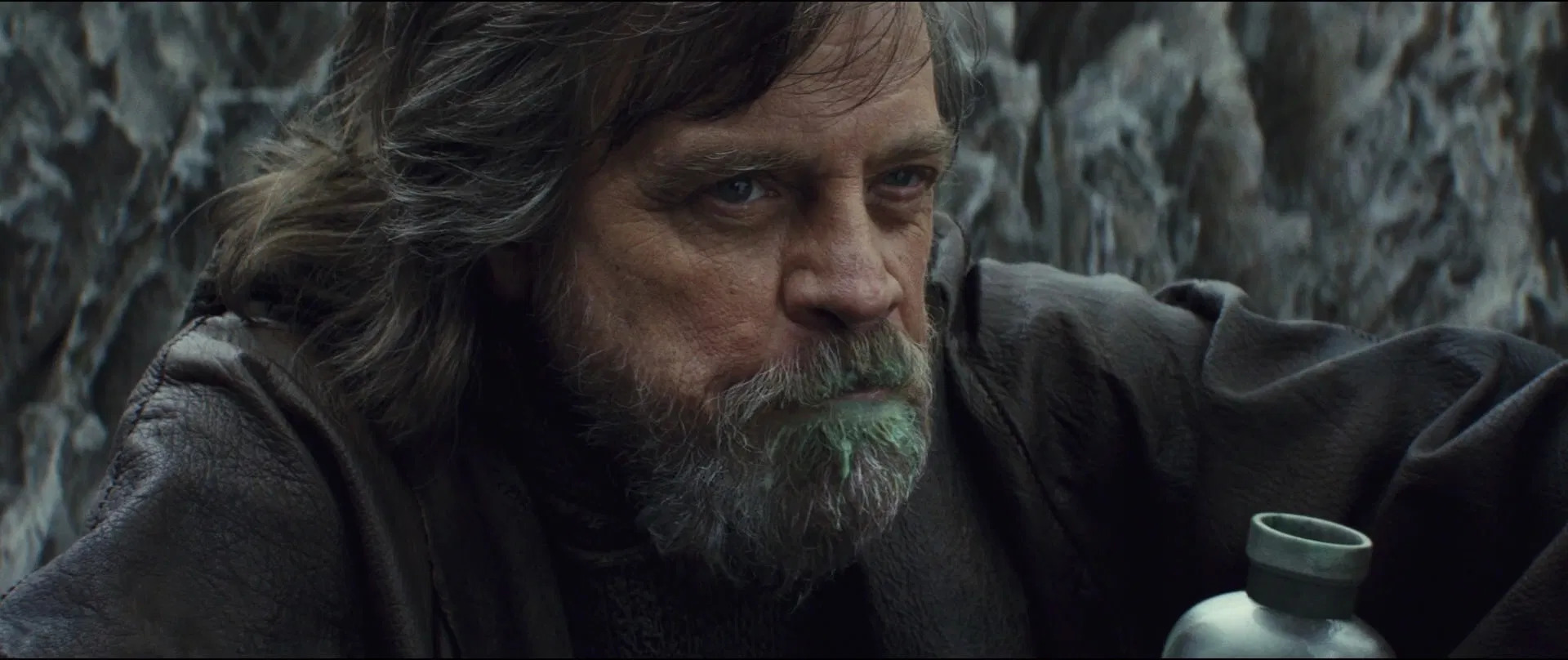 Grumpy old Luke Skywalker in The Last Jedi drinking milk fresh from the...whatever it is.